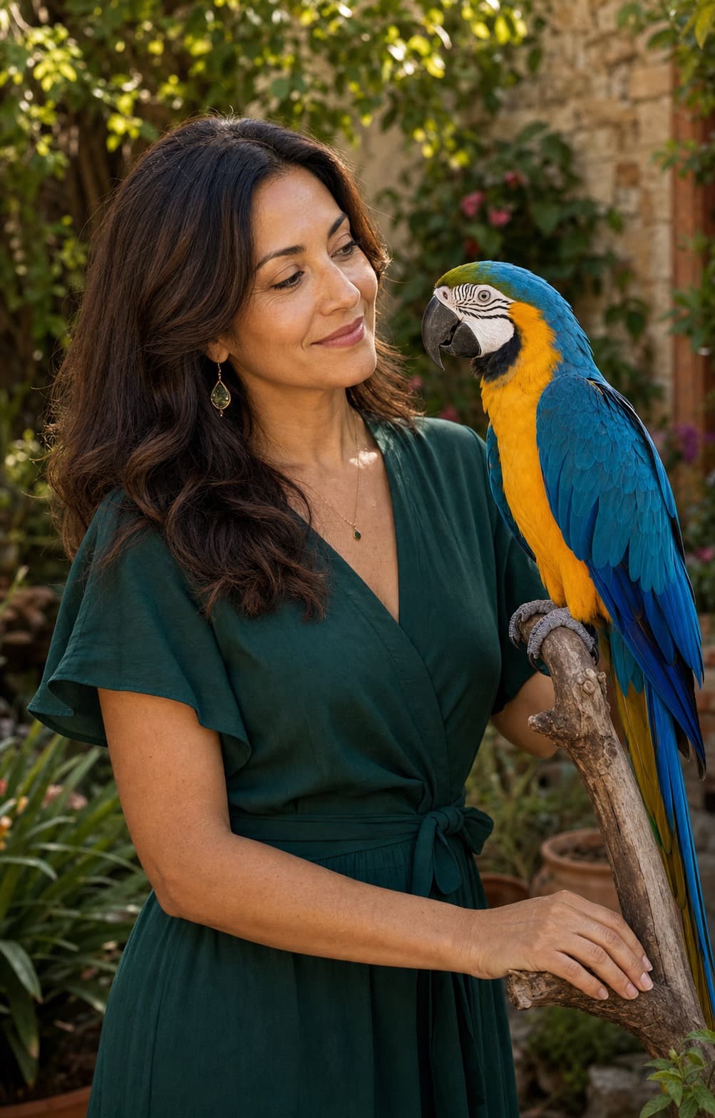 An outdoor garden pet portrait of a woman with a macaw