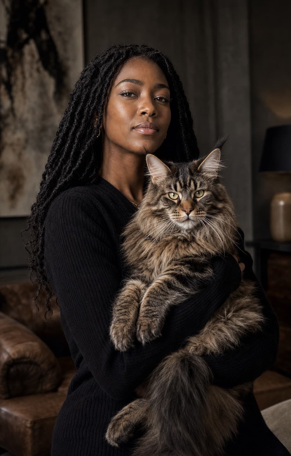 An editorial dark pet portrait of a man with a Maine Coon cat