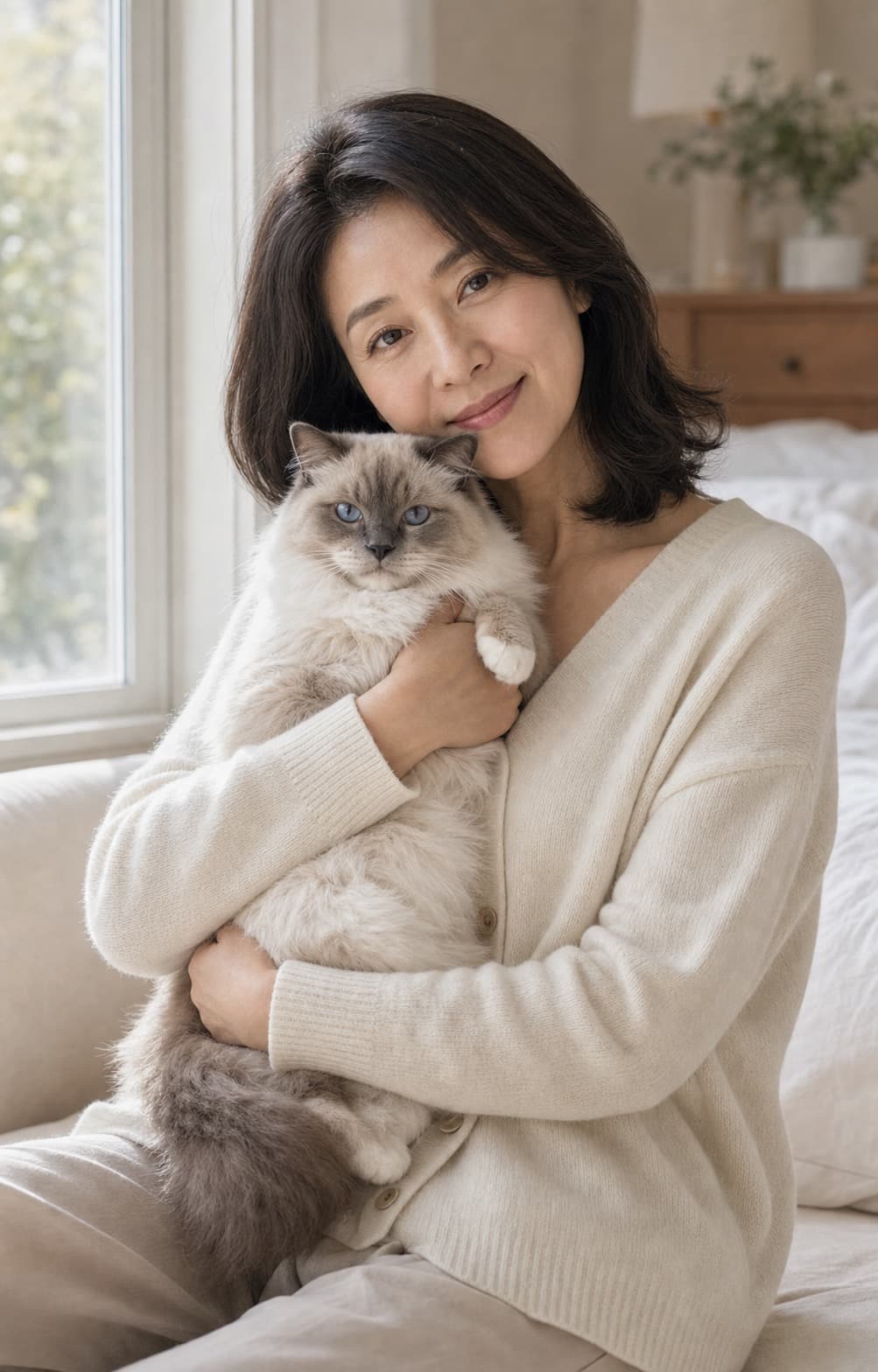A natural window light pet portrait of a woman with a Ragdoll cat