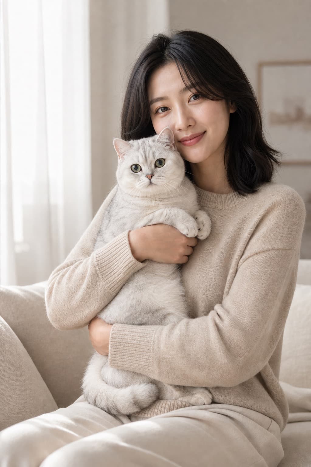 A cozy home pet portrait of a young woman with a silver white cat