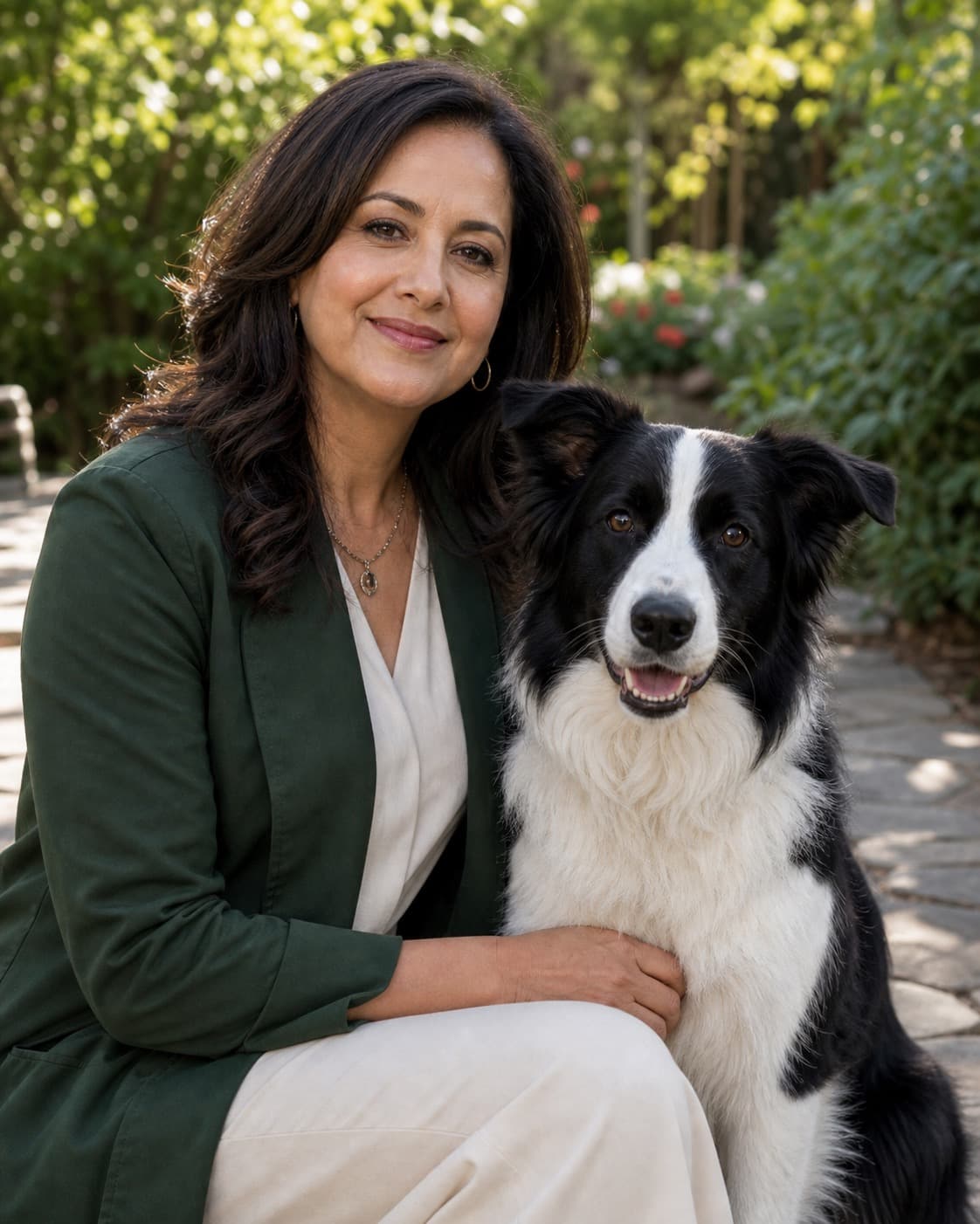 An outdoor garden pet portrait of a woman with a Border Collie