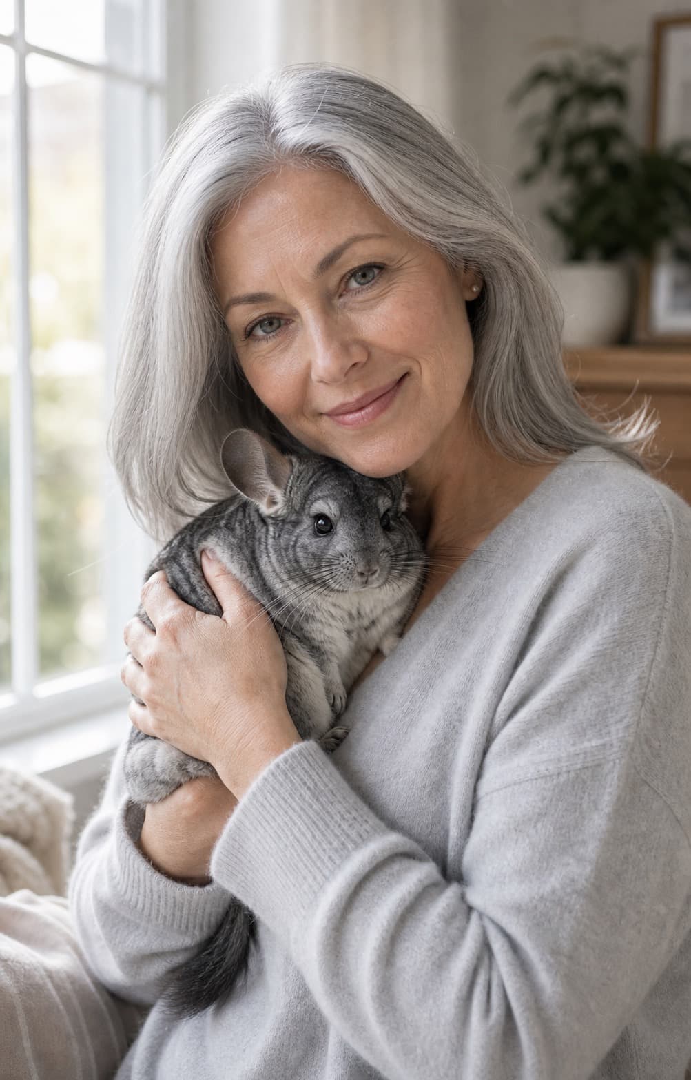 A soft window pet portrait of a silver-haired woman with a chinchilla