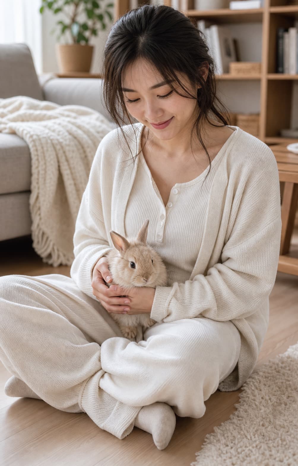 A cream-toned home pet portrait of a woman with a mini rabbit