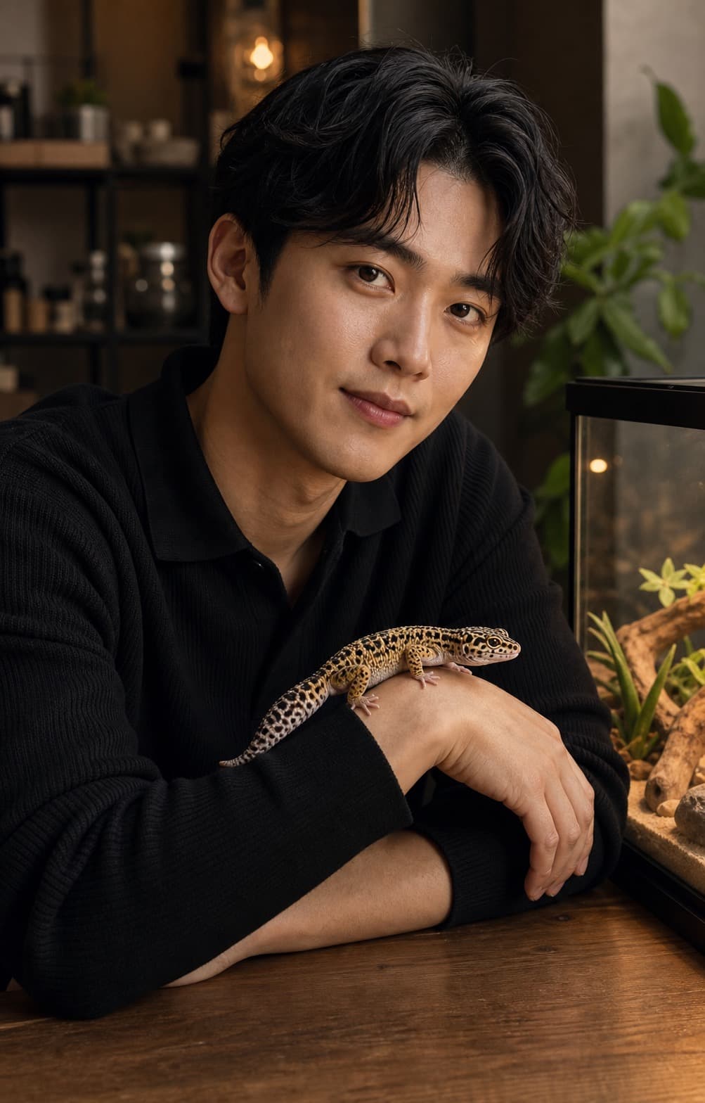 A refined dark pet portrait of a man with a leopard gecko