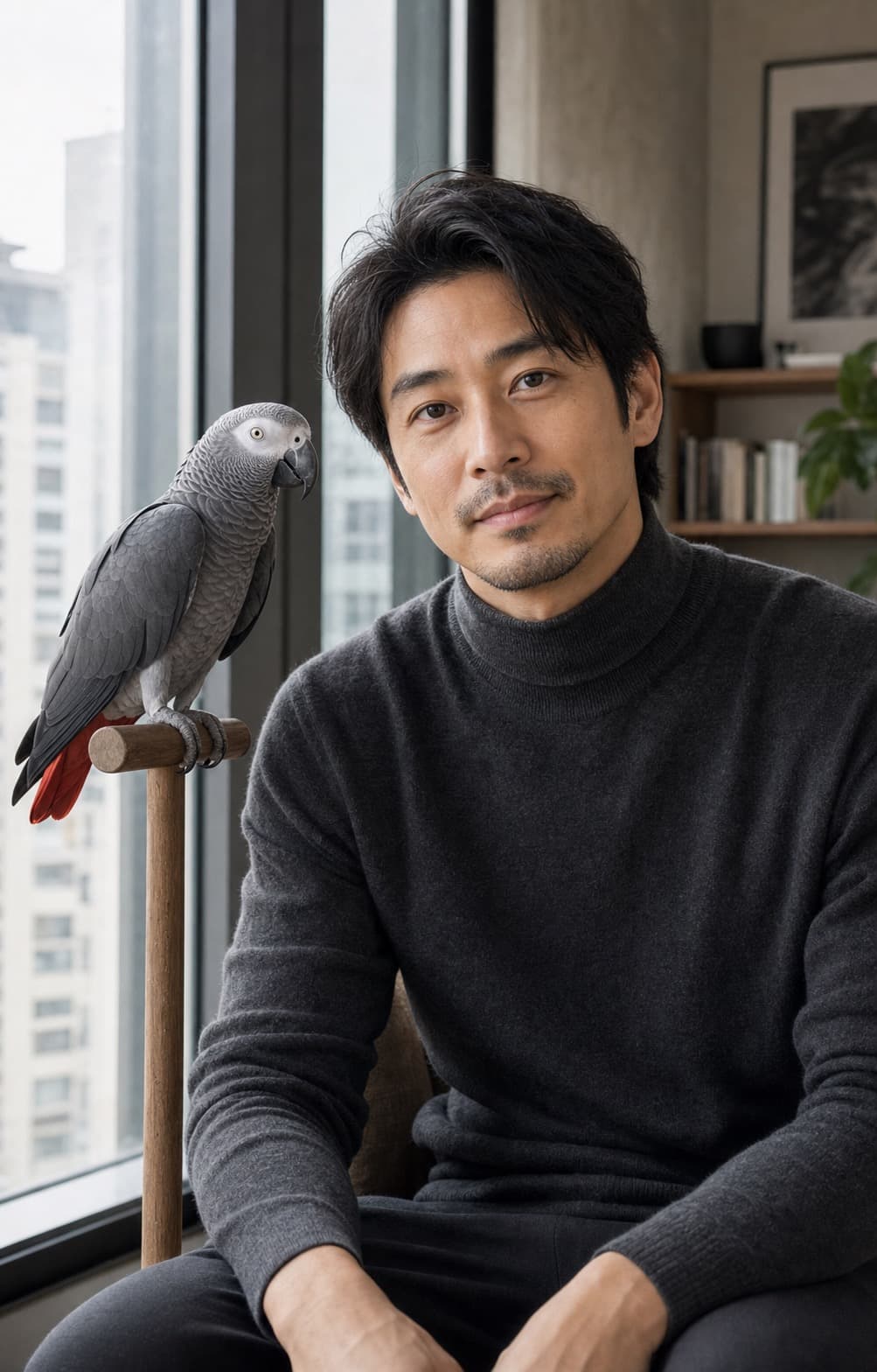 An urban indoor pet portrait of a man with an African Grey parrot