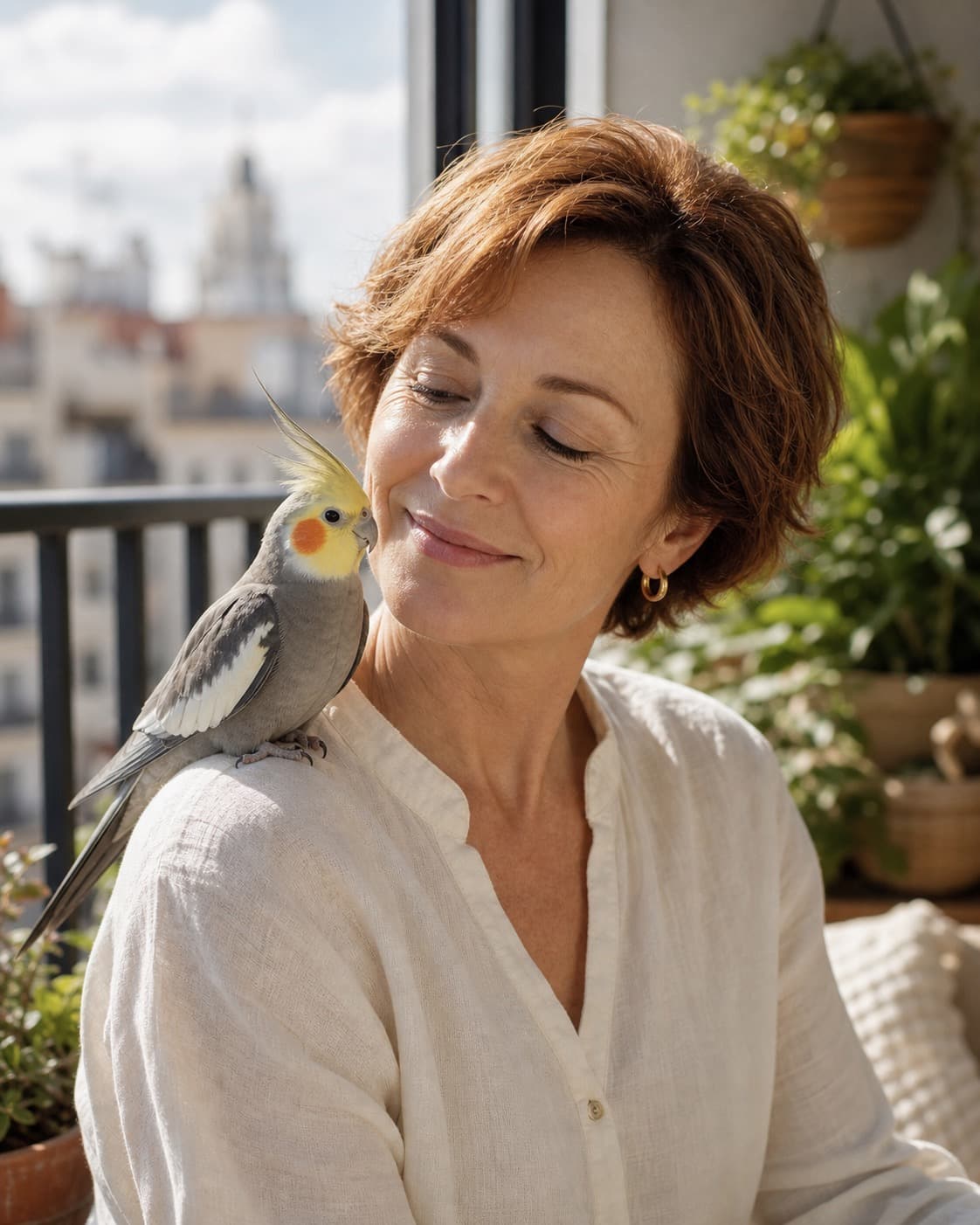 A balcony daylight pet portrait of a woman with a cockatiel
