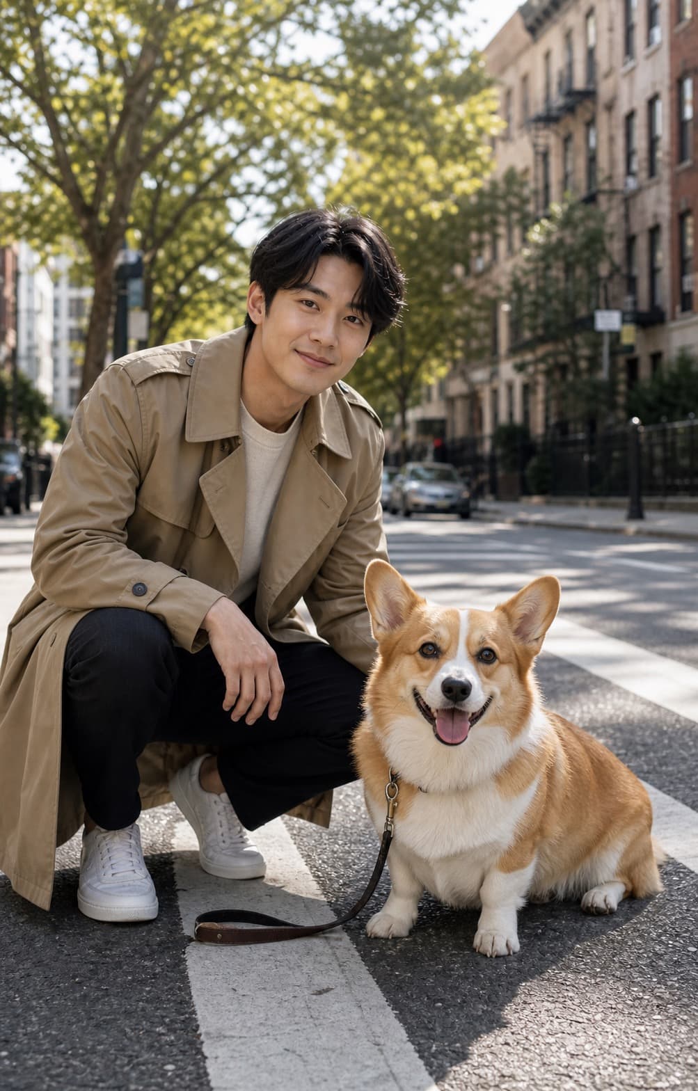 A street style pet portrait of a young woman with a Corgi