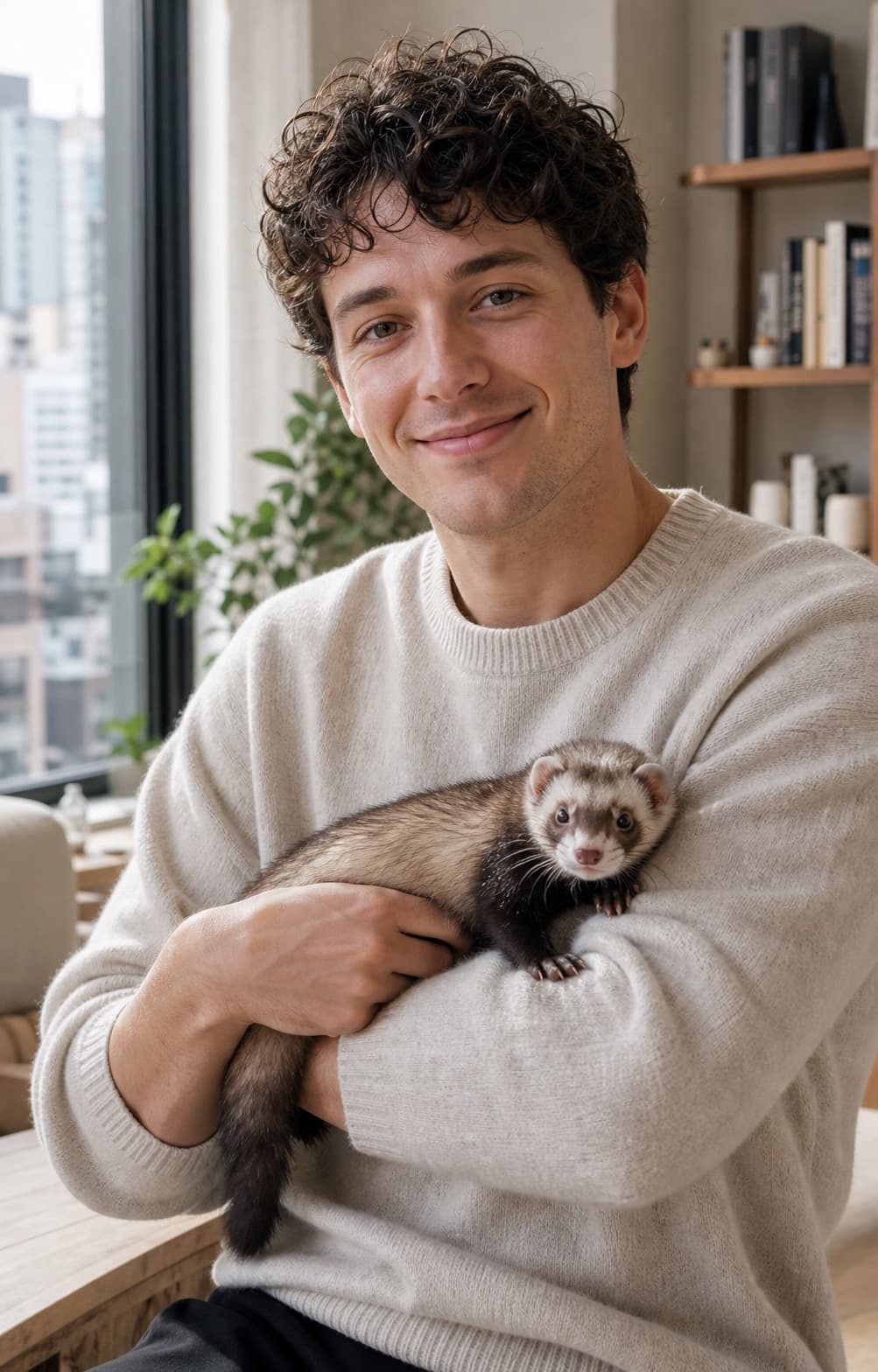 A lifestyle pet portrait of a man with a ferret
