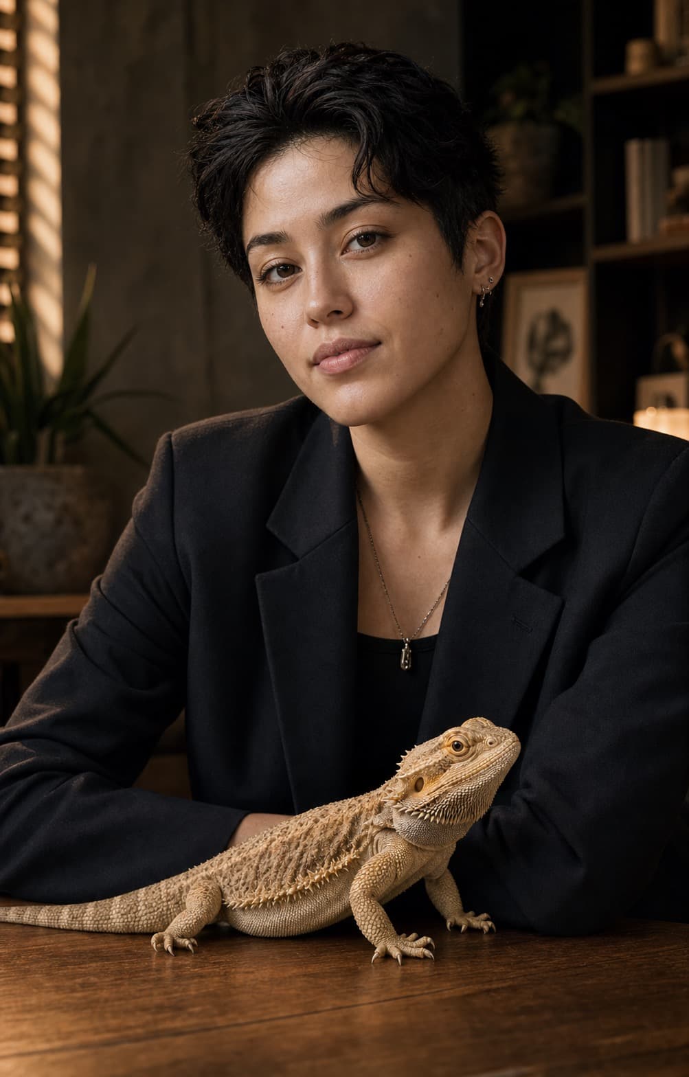 A dark editorial pet portrait with a bearded dragon